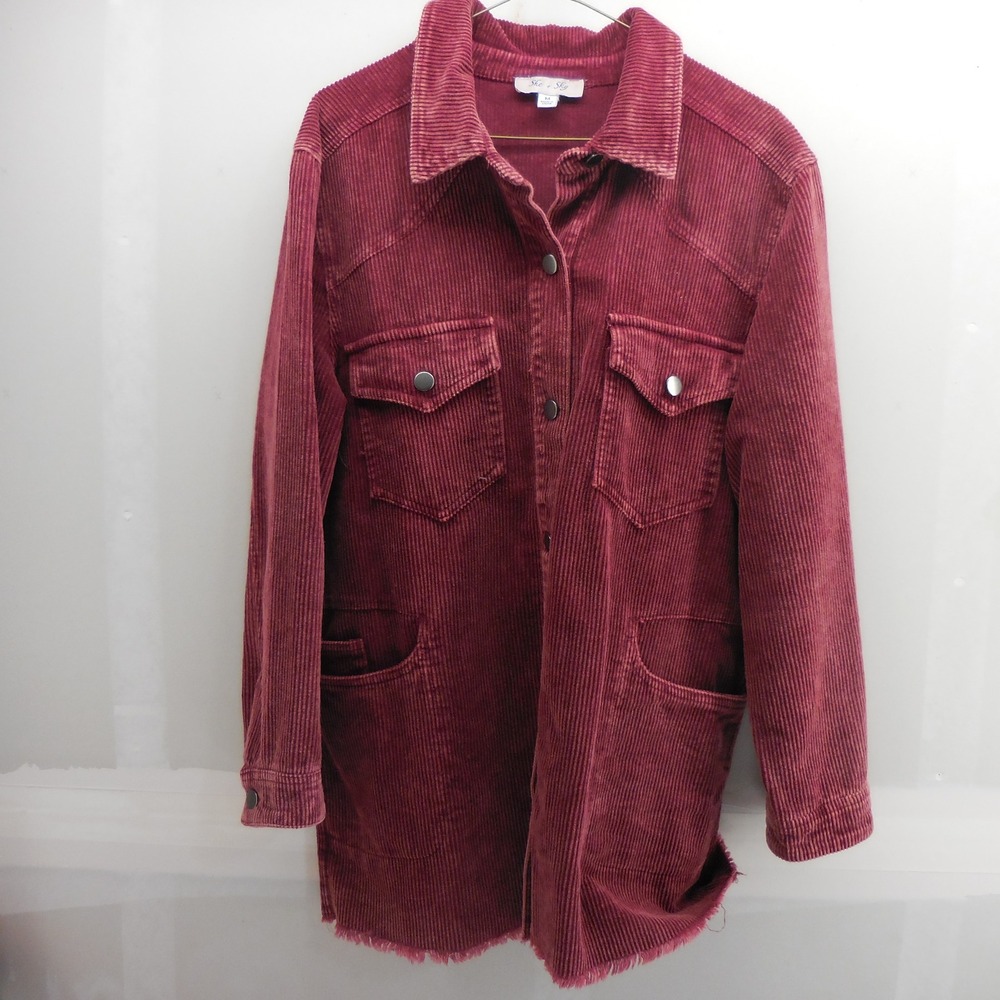 She + Sky Burgundy Corduroy Shacket Barn Coat Raw Hem SS4396 Womens Medium